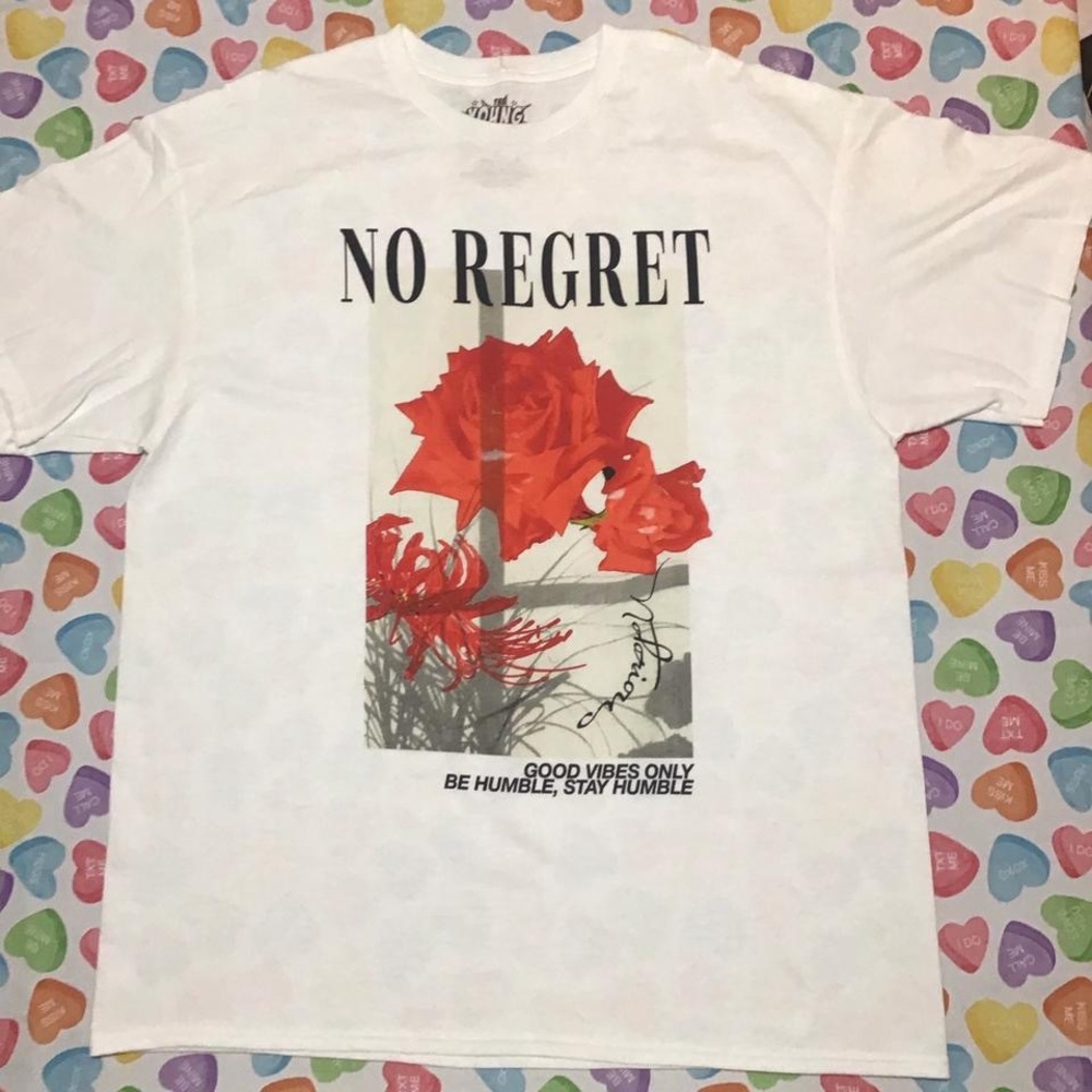 Young & Wild! Men’s White Tshirt with NO REGRET Roses 🌹 print